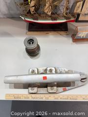MaxSold Auction: Vintage Large Wooden Model Ship with Small Ship in Display Case, Cleat & Winch  - Warwick (Rhode Island, USA) SELLER MANAGED Reseller Online Auction - Warwick Avenue