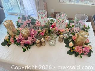 MaxSold Auction: Pink Green Gold Floral Centerpiece Set with Glass Vases - Aurora (Colorado, USA) SELLER MANAGED Estate Sale Online Auction - East Lasalle Place
