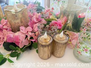 MaxSold Auction: Pink Green Gold Floral Centerpiece Set with Glass Vases - Aurora (Colorado, USA) SELLER MANAGED Estate Sale Online Auction - East Lasalle Place