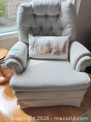 MaxSold Auction: Beige Cream Tufted Rocking Swivel Armchair with Rolled Arms, Skirted Base - Saanich (British Columbia, Canada) PARTNER MANAGED Moving Online Auction - Arbutus Road (CONDO)