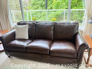 MaxSold Auction: Brown Genuine Leather 3-Seater Sofa with Rolled Arms - Saanich (British Columbia, Canada) PARTNER MANAGED Moving Online Auction - Arbutus Road (CONDO)