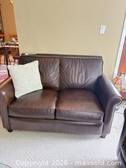 MaxSold Auction: Brown Leather Loveseat with Rolled Arms - Saanich (British Columbia, Canada) PARTNER MANAGED Moving Online Auction - Arbutus Road (CONDO)