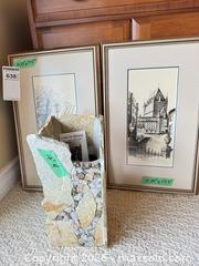 MaxSold Auction: Cast Stone Slate/Pebble Mosaic Vase with Framed Prints - Saanich (British Columbia, Canada) PARTNER MANAGED Moving Online Auction - Arbutus Road (CONDO)
