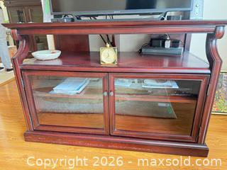 MaxSold Auction: Dark Cherry Wood TV Stand with Glass Doors and Open Shelf - Saanich (British Columbia, Canada) PARTNER MANAGED Moving Online Auction - Arbutus Road (CONDO)