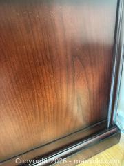 MaxSold Auction: Dark Cherry Wood TV Stand with Glass Doors and Open Shelf - Saanich (British Columbia, Canada) PARTNER MANAGED Moving Online Auction - Arbutus Road (CONDO)