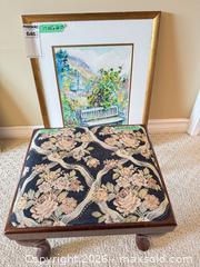 MaxSold Auction: Framed Watercolor Painting and Upholstered Wood Footstool - Saanich (British Columbia, Canada) PARTNER MANAGED Moving Online Auction - Arbutus Road (CONDO)