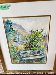 MaxSold Auction: Framed Watercolor Painting and Upholstered Wood Footstool - Saanich (British Columbia, Canada) PARTNER MANAGED Moving Online Auction - Arbutus Road (CONDO)