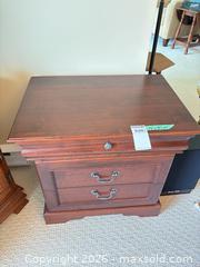 MaxSold Auction: Mahogany Brown Traditional Nightstand with 3 Drawers - Saanich (British Columbia, Canada) PARTNER MANAGED Moving Online Auction - Arbutus Road (CONDO)