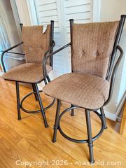 MaxSold Auction: Pair of Metal Frame Bar Stools with Brown Fabric Seats - Saanich (British Columbia, Canada) PARTNER MANAGED Moving Online Auction - Arbutus Road (CONDO)