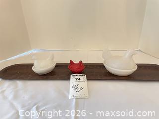 MaxSold Auction: Set of 3 Milk Glass Hen-on-Nest Dishes, White & Red DR - Richland Township (Pennsylvania, USA) PARTNER MANAGED Moving Online Auction - Winterthur Lane