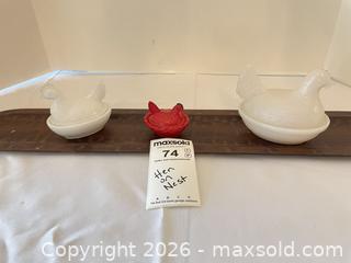 MaxSold Auction: Set of 3 Milk Glass Hen-on-Nest Dishes, White & Red DR - Richland Township (Pennsylvania, USA) PARTNER MANAGED Moving Online Auction - Winterthur Lane