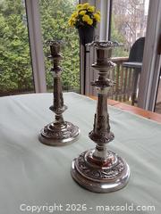 MaxSold Auction: 2 Tall Plate Silver Candle Holders 12 inches - Toronto (Ontario, Canada) SELLER MANAGED Downsizing Online Auction - Blyth Dale Road