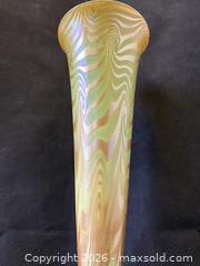 MaxSold Auction: C.1910 Durand "King Tut" Pattern Bronze Base Trumpet Form Art Glass Lamp - Maxsold Signature - Discover collectibles, antiques, fine art and more