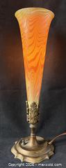 MaxSold Auction: C.1910 Durand "King Tut" Pattern Bronze Base Trumpet Form Art Glass Lamp - Maxsold Signature - Discover collectibles, antiques, fine art and more