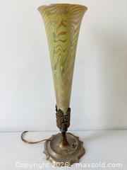 MaxSold Auction: C.1910 Durand "King Tut" Pattern Bronze Base Trumpet Form Art Glass Lamp - Maxsold Signature - Discover collectibles, antiques, fine art and more