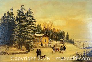 MaxSold Auction: Large 19Th Century Painting New York School Winter Landscape With Sliegh - Maxsold Signature - Discover collectibles, antiques, fine art and more