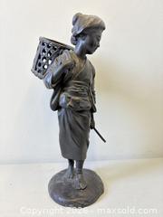 MaxSold Auction:  Meiji Era (1868-1912) Japanese Bronze Sculpture Lady In Kimono Walking With Basket - Maxsold Signature - Discover collectibles, antiques, fine art and more