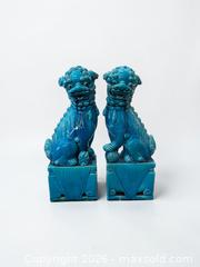 MaxSold Auction: Pair Of Chinese Turquoise-Glazed Porcelain Foo Dog (Guardian Lion) Statues 16" - Maxsold Signature - Discover collectibles, antiques, fine art and more