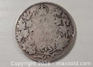 MaxSold Auction: 1906 Canada 50 Cents Half Dollar SILVER coin. 11.13 grams - Mississauga (Ontario, Canada) SELLER MANAGED Downsizing Online Auction - Golden Orchard Drive (CONDO)