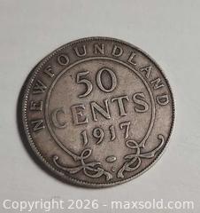 MaxSold Auction: 1917 Newfoundland 50-cents Antique SILVER coin, weight 11.38 grams - Mississauga (Ontario, Canada) SELLER MANAGED Downsizing Online Auction - Golden Orchard Drive (CONDO)