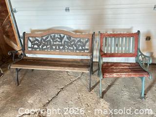 MaxSold Auction: Outdoor Patio Bench and Chair Set — Metal Frame, Wood Slats - Acme (Alberta, Canada) PARTNER MANAGED Moving Online Auction - Township Road 292