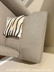 MaxSold Auction: Beige Houndstooth Upholstered Armchair with Wood Frame - Frisco (Texas, USA) PARTNER MANAGED Downsizing Online Auction - Miramar Drive