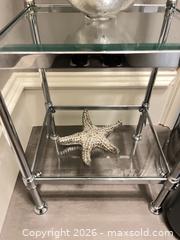 MaxSold Auction: Glass & Chrome Shelving Etagere with Framed Abstract Wall Art - Frisco (Texas, USA) PARTNER MANAGED Downsizing Online Auction - Miramar Drive