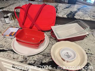 MaxSold Auction: Mixed Red Ceramic & Glass Bakeware Set with Carrying Bag - Frisco (Texas, USA) PARTNER MANAGED Downsizing Online Auction - Miramar Drive
