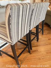 MaxSold Auction: Set of 3 Gray Striped Fabric and Wood Bar Stools - Frisco (Texas, USA) PARTNER MANAGED Downsizing Online Auction - Miramar Drive
