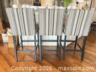 MaxSold Auction: Set of 3 Gray Striped Fabric and Wood Bar Stools - Frisco (Texas, USA) PARTNER MANAGED Downsizing Online Auction - Miramar Drive