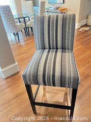 MaxSold Auction: Set of 3 Gray Striped Fabric and Wood Bar Stools - Frisco (Texas, USA) PARTNER MANAGED Downsizing Online Auction - Miramar Drive