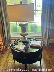 MaxSold Auction: Transitional Dark Brown Wood Side Table with Silver Table Lamp - Frisco (Texas, USA) PARTNER MANAGED Downsizing Online Auction - Miramar Drive