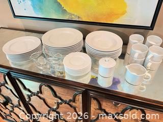 MaxSold Auction: White Porcelain Dinnerware Set with Glass Gravy Boats and Serving Pieces - Frisco (Texas, USA) PARTNER MANAGED Downsizing Online Auction - Miramar Drive