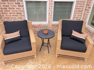 MaxSold Auction: Wicker Patio Set: 2 Club Chairs with Side Table & Cushions - Frisco (Texas, USA) PARTNER MANAGED Downsizing Online Auction - Miramar Drive