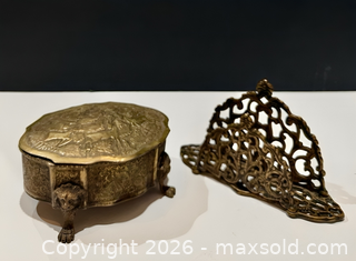 MaxSold Auction: Antique Brass  Jewelry Casket & Vintage Brass Letter Holder / Napkin Holder  - Toronto (Ontario, Canada) PARTNER MANAGED Reseller Online Auction -  Queen Street West