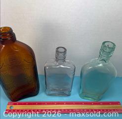 MaxSold Auction: Antique Embossed Glass Flask — Amber, Clear & Aqua - Lincoln (Ontario, Canada) SELLER MANAGED Downsizing Online Auction - Bartlett Road - Beamsville (STORAGE)