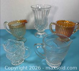 MaxSold Auction: Pressed Glass Creamer, Sugar Bowl & Vase Set, Clear & Amber - Lincoln (Ontario, Canada) SELLER MANAGED Downsizing Online Auction - Bartlett Road - Beamsville (STORAGE)