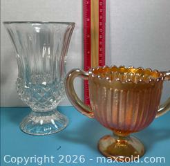 MaxSold Auction: Pressed Glass Creamer, Sugar Bowl & Vase Set, Clear & Amber - Lincoln (Ontario, Canada) SELLER MANAGED Downsizing Online Auction - Bartlett Road - Beamsville (STORAGE)