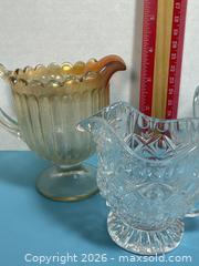 MaxSold Auction: Pressed Glass Creamer, Sugar Bowl & Vase Set, Clear & Amber - Lincoln (Ontario, Canada) SELLER MANAGED Downsizing Online Auction - Bartlett Road - Beamsville (STORAGE)