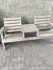 MaxSold Auction: Wooden 2-Seat Outdoor Bench with Center Table - Midland (Ontario, Canada) PARTNER MANAGED Moving Online Auction - Mundys Bay Road