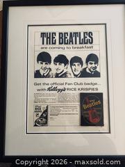 MaxSold Auction: Framed Original 1960's Beatles Kellogg’s Rice Krispies Promotion Proof With Fan Club Badge - Caledon (Ontario, Canada) SELLER MANAGED Downsizing Online Auction - Westchester Boulevard