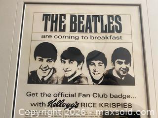 MaxSold Auction: Framed Original 1960's Beatles Kellogg’s Rice Krispies Promotion Proof With Fan Club Badge - Caledon (Ontario, Canada) SELLER MANAGED Downsizing Online Auction - Westchester Boulevard