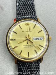 MaxSold Auction: Vintage Bucherer Men's Automatic Gold Dial Leather Strap Watch - San Jose (California, USA) PARTNER MANAGED Estate Sale Online Auction - E Humboldt
