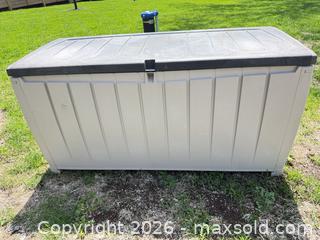 MaxSold Auction: Keter Large Beige and Brown Plastic Outdoor Deck Storage Box - Montague (Smiths Falls)(Ontario, Canada) PARTNER MANAGED Downsizing Online Auction -  Rainbow Valley Drive