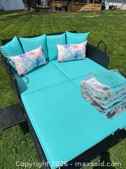 MaxSold Auction: NEW Outdoor 2-Person Wicker Daybed with Canopy & Cushions. Metal feet - Montague (Smiths Falls)(Ontario, Canada) PARTNER MANAGED Downsizing Online Auction -  Rainbow Valley Drive