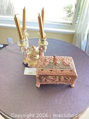 MaxSold Auction: Italian Capodimonte Porcelain Trinket Box & 3-Arm Candelabra - Los Angeles (California, USA) PARTNER MANAGED Downsizing Online Auction - Sapphire Drive