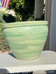 MaxSold Auction: Green Glazed Ceramic Planter with Terracotta Interior, 15" - Campbell (California, USA) SELLER MANAGED Estate Sale Online Auction - Dell Avenue