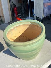 MaxSold Auction: Green Glazed Ceramic Planter with Terracotta Interior, 15" - Campbell (California, USA) SELLER MANAGED Estate Sale Online Auction - Dell Avenue