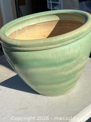 MaxSold Auction: Green Glazed Ceramic Planter with Terracotta Interior, 15" - Campbell (California, USA) SELLER MANAGED Estate Sale Online Auction - Dell Avenue