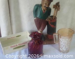MaxSold Auction: Carnival glass Pitcher +, wooden crafted golfer + Rudy Red Art Glass + Half cigar box - Ottawa (Ontario, Canada) SELLER MANAGED Downsizing Online Auction - Woodpark Way